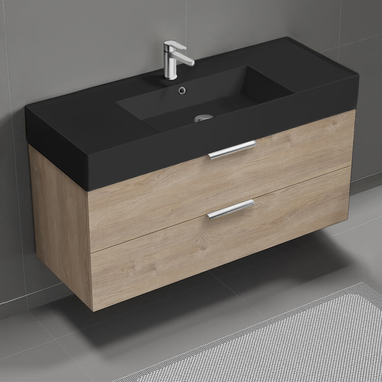 Nameeks DERIN256 48 Inch Bathroom Vanity With Black Sink, Floating, Brown Oak